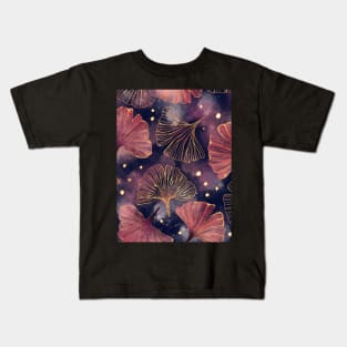 Watercolor Golden Ginko Leaves on Dark Blue Kids T-Shirt